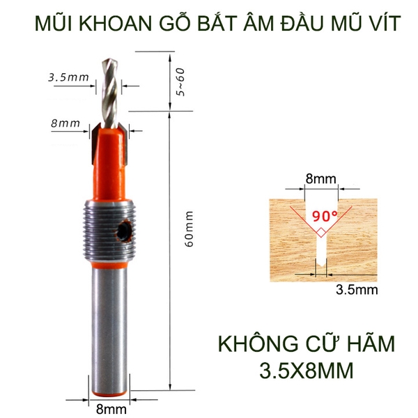 Mũi khoan gỗ bắt âm đầu mũ vít, loại có cữ hãm, đầu âm 8mm, nhiều kích cỡ cho khách lựa chọn