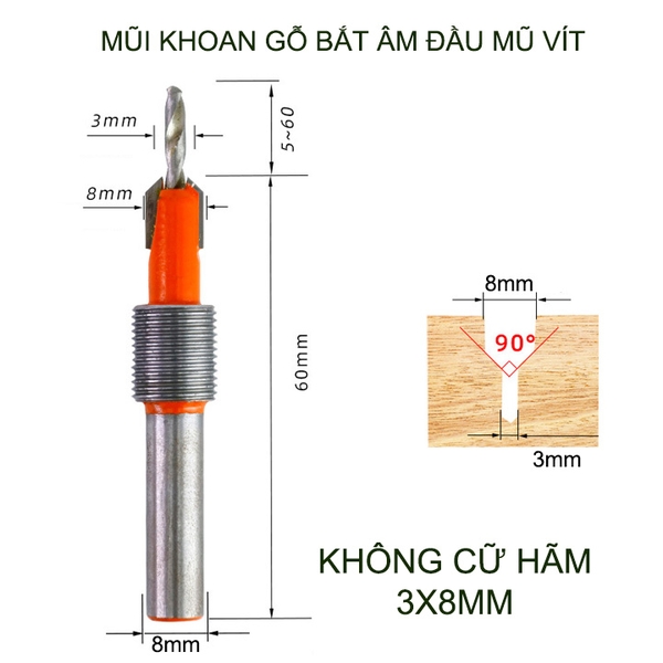 Mũi khoan gỗ bắt âm đầu mũ vít, loại có cữ hãm, đầu âm 8mm, nhiều kích cỡ cho khách lựa chọn