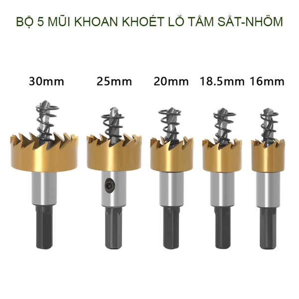 Bộ 5 mũi khoan khoét lỗ sắt, nhôm, đường kính D16-30mm