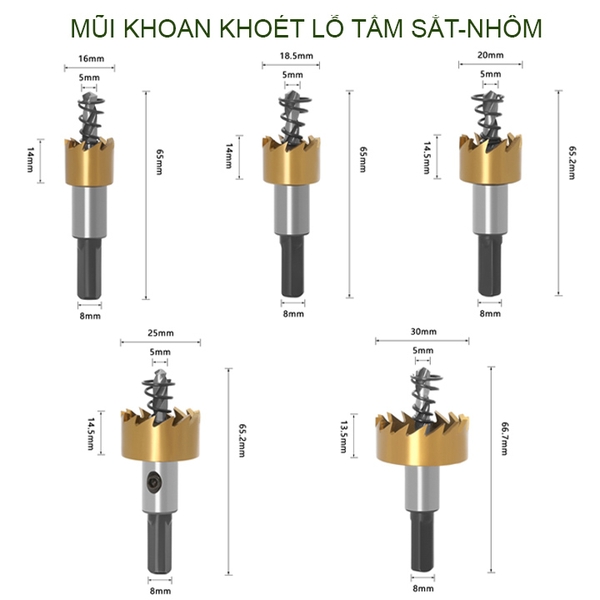 Bộ 5 mũi khoan khoét lỗ sắt, nhôm, đường kính D16-30mm