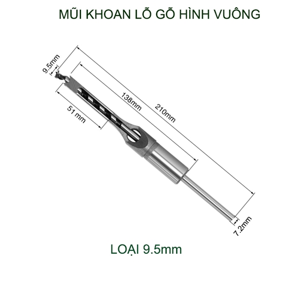 01 Mũi khoan lỗ gỗ vuông bằng thép cứng, dùng cho máy khoan đục lỗ