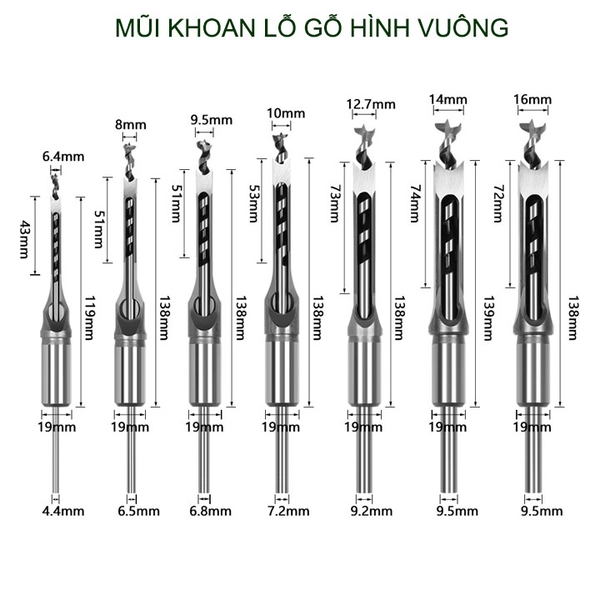 01 Mũi khoan lỗ gỗ vuông bằng thép cứng, dùng cho máy khoan đục lỗ