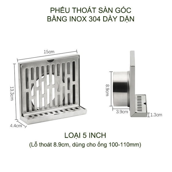 Phễu thoát sàn góc bằng inox 304 dày dặn, loại 5inch lệch (D89mm lắp cho ống D100-110mm)