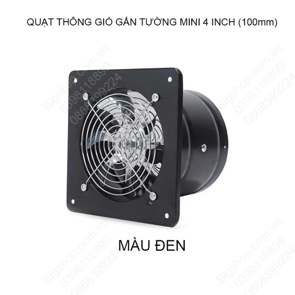 Quạt thông gió gắn tường mini 4inch D100mm, gắn tường khoét lỗ hoặc gắn ống D100mm, có tai bắt vít vào tường