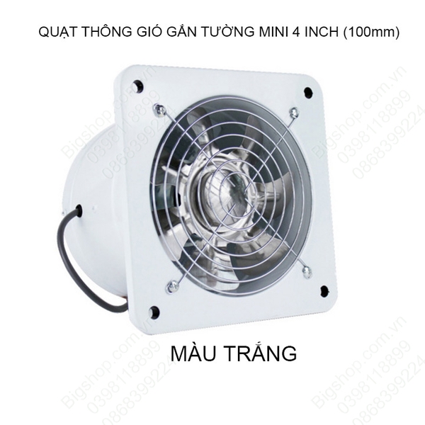 Quạt thông gió gắn tường mini 4inch D100mm, gắn tường khoét lỗ hoặc gắn ống D100mm, có tai bắt vít vào tường