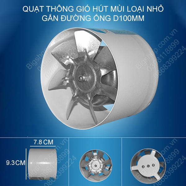Quạt thông gió mini 4inch gắn đường ống D100mm, gắn tường khoét lỗ D100mm