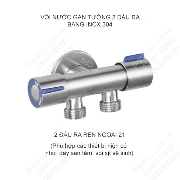 Vòi nước lạnh 2 đầu ra gắn tường bằng inox 304, đường kính ren và ra 21mm, ren ngoài