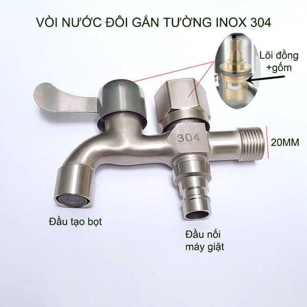 Vòi nước đôi bằng inox 304 gắn tường G03B với 01 đầu vào 2 đầu ra (đầu vào DN15 lắp cho ống D21)
