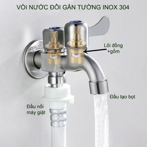 Vòi nước đôi bằng inox 304 gắn tường G03B với 01 đầu vào 2 đầu ra (đầu vào DN15 lắp cho ống D21)