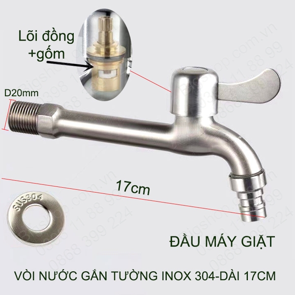 Vòi nước lạnh bằng inox 304 gắn tường thân dài 17cm, đầu tạo bọt hoặc gắn máy giặt tùy chọn (DN15 lắp cho ống D21)