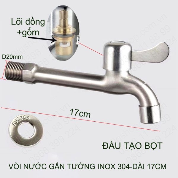 Vòi nước lạnh bằng inox 304 gắn tường thân dài 17cm, đầu tạo bọt hoặc gắn máy giặt tùy chọn (DN15 lắp cho ống D21)