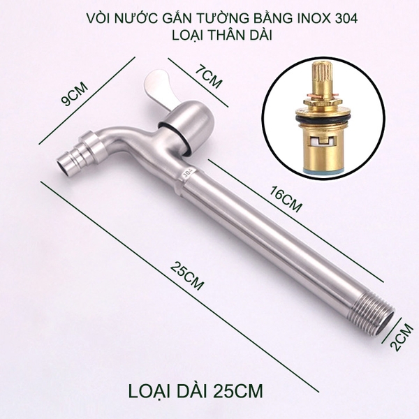 Vòi nước lạnh bằng inox 304 gắn tường thân dài 20cm-25cm tùy chọn (DN15 lắp cho ống D21)