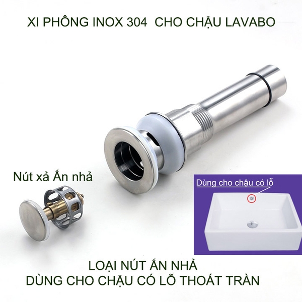 Xi phông chậu rửa mặt lavabo bằng inox 304, nút nhấn đóng xả, dùng cho chậu có lỗ thoát tràn