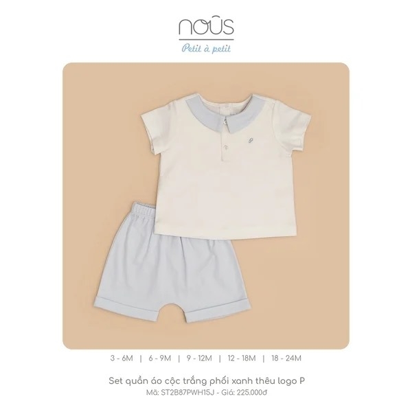 Set quần áo cộc trắng phôi xanh thêu logo P 3M