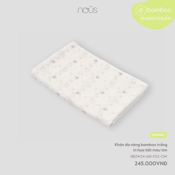 Khăn đa năng bamboo trắng in hoạ tiết màu tím