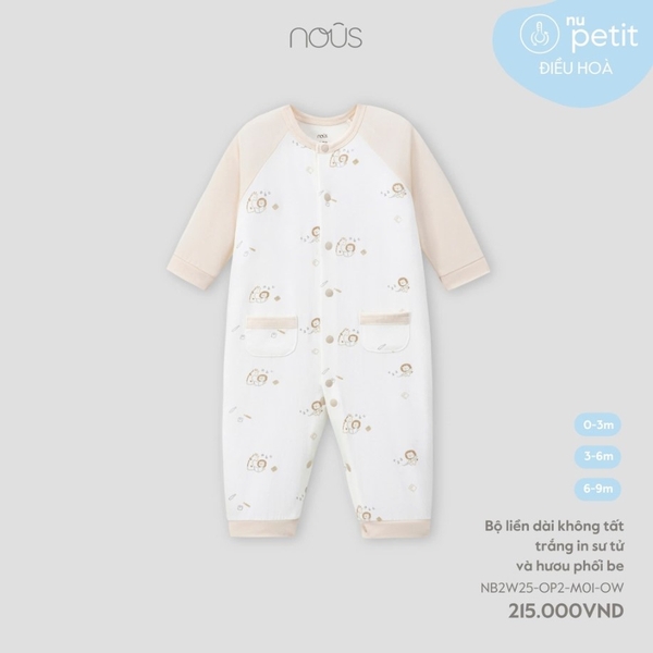 Bộ liền dài không tất trắng in sư tử và hươu phối be (3m)
