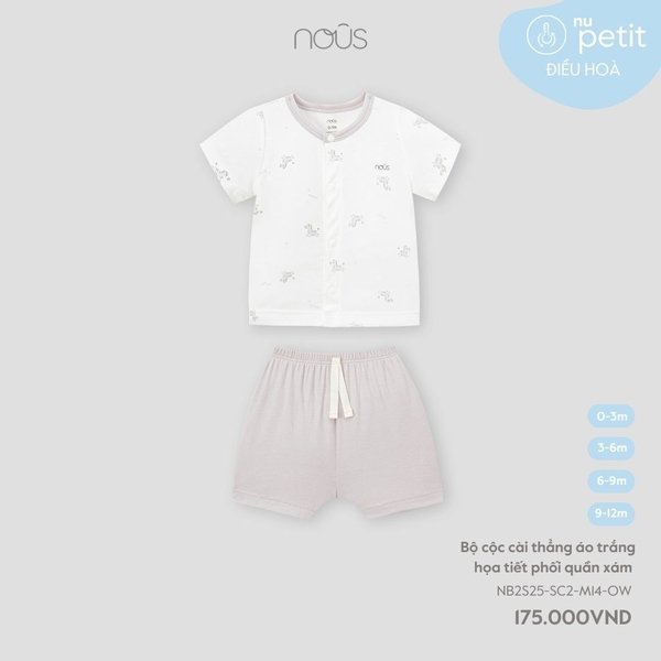 Bộ cộc cài thẳng áo trắng họa tiết phối quần xám 3M