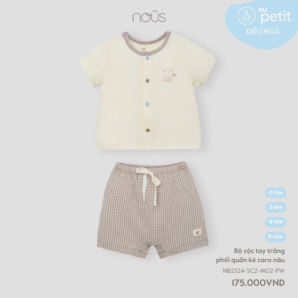 Bộ cộc tay trắng phối quần kẻ caro nâu