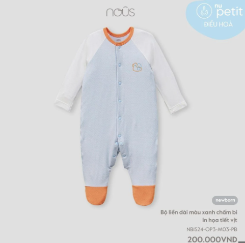 Bộ liền dài màu xanh chấm bi in hình hoạ tiết vịt