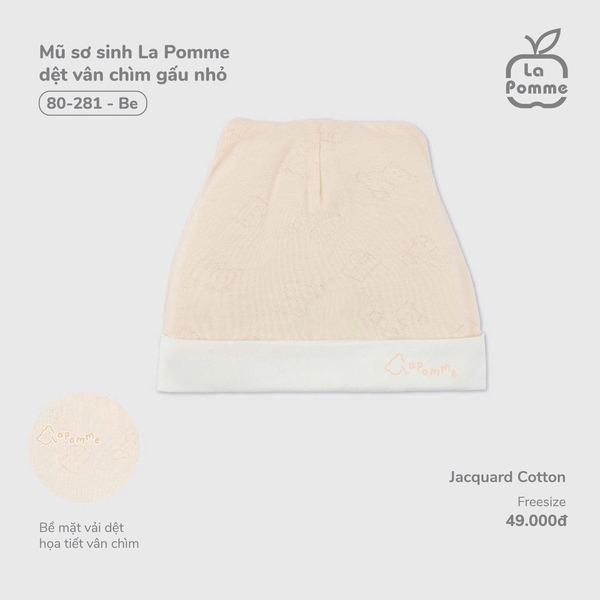 Mũ sơ sinh La Pomme dệt vân chìm gấu nhỏ