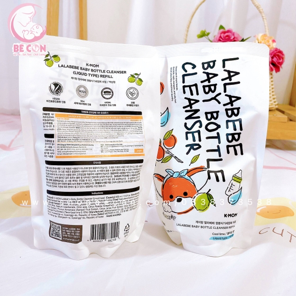 Nước rửa bình thuần chay Lalabebe K-Mom Hàn Quốc dạng túi 400ml cho chai tạo bọt