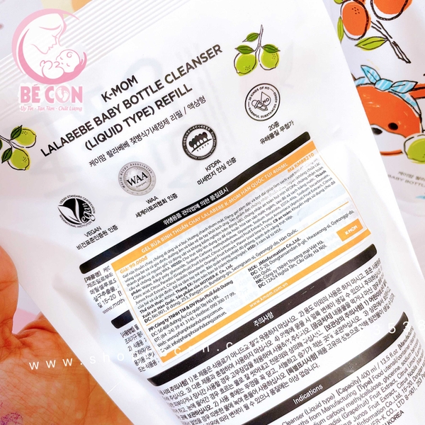 Nước rửa bình thuần chay Lalabebe K-Mom Hàn Quốc dạng túi 400ml cho chai tạo bọt