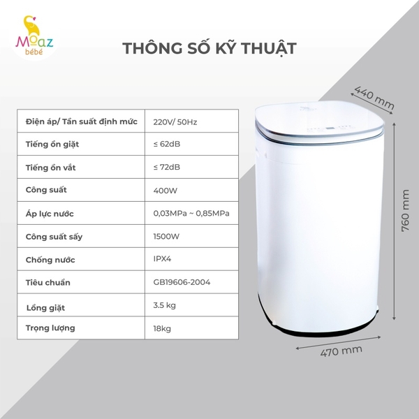 Máy giặt quần áo kèm sấy khô cho bé Moaz BéBé MB - 068 Plus