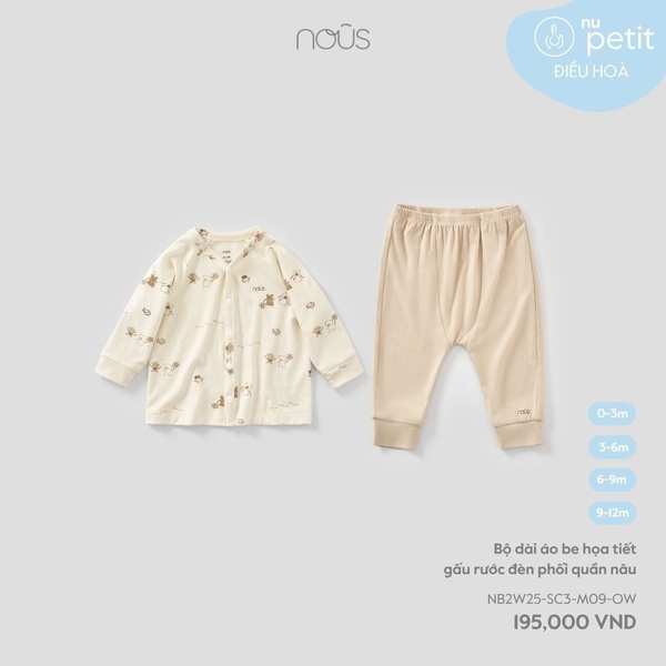 Bộ dài áo be hoạ tiết gấu rước đèn phối quần nâu (0M)