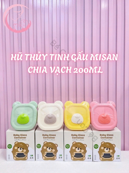 Set 3 hộp trữ thủy tinh gấu Misan hình vuông chia vạch 200ml