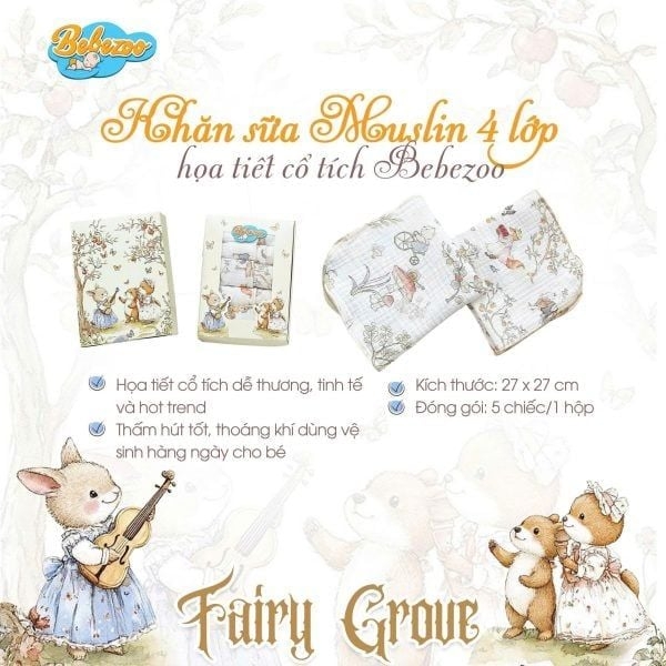 khăn sữa set 5 muslin 4 lớp hoạ tiết cổ tích