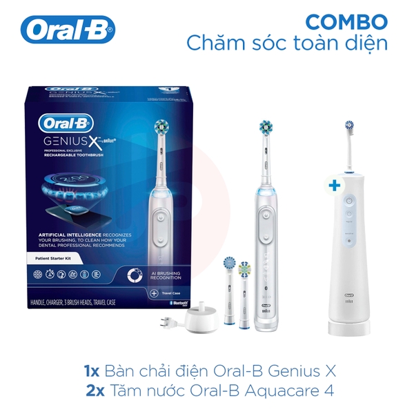 Combo Bàn chải điện + Tăm Nước | Oral-B Genius X & Oral-B Aquacare 4