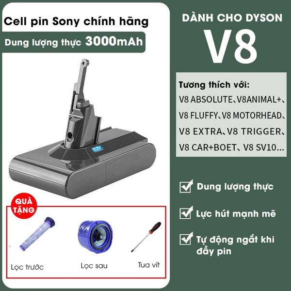 Pin máy hút bụi Dyson V8 dung lượng cao 3000mAh, 4800mAh - Dung lượng thực, tự động ngắt sạc, tương thích toàn bộ Series V8