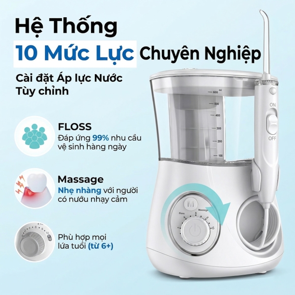 Máy tăm nước để bàn chuyên nghiệp 9pmcare F20 Power Flosser – 600ml, 10 Mức Áp Lực