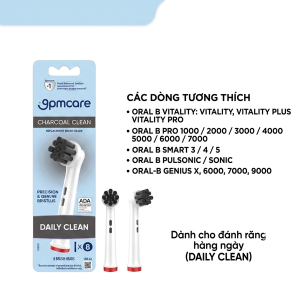 Đầu thay bàn chải điện 9pmcare Charcoal Daily Clean tương thích với Oral-B Vitality/Pro/Smart/Genius
