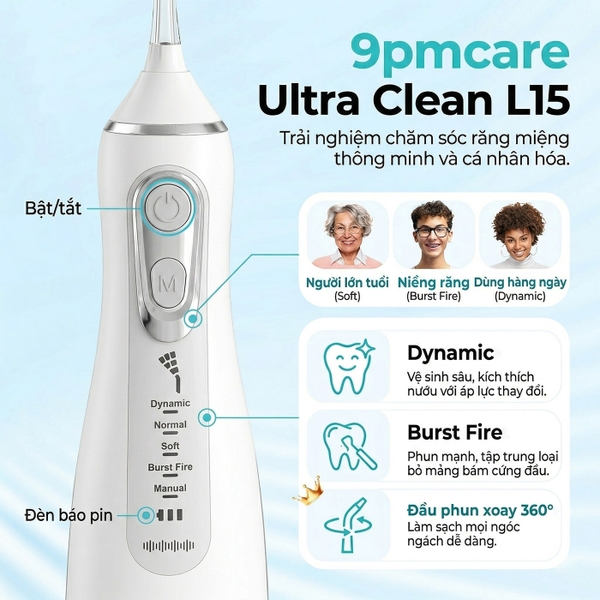 Máy tăm nước cầm tay 9pmcare UltraClean L15 - Long Battery Edition