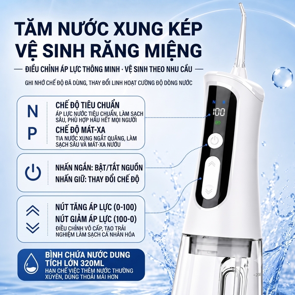 Máy tăm nước cầm tay 9pmcare C5 100 mức xung nước, bình chứa nước 320ml