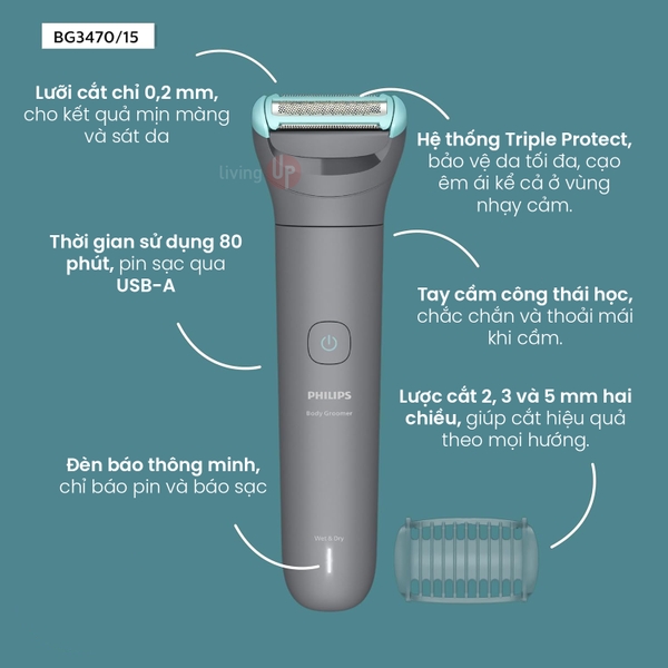 Tông đơ cạo lông cơ thể Philips Body Groomer 3000 Series BG3470/15