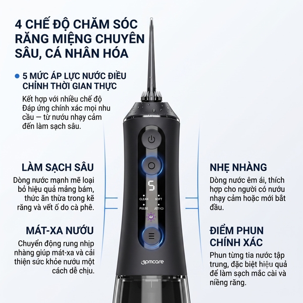 Tăm nước di động 9pmcare Ultra Clean UV (Pin 40 ngày, 4 chế độ + khử khuẩn bằng tia UV, 5 mức tùy chỉnh lực nước)