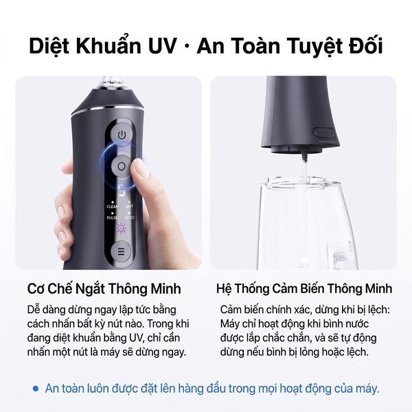 Tăm nước di động 9pmcare Ultra Clean UV (Pin 40 ngày, 4 chế độ + khử khuẩn bằng tia UV, 5 mức tùy chỉnh lực nước)