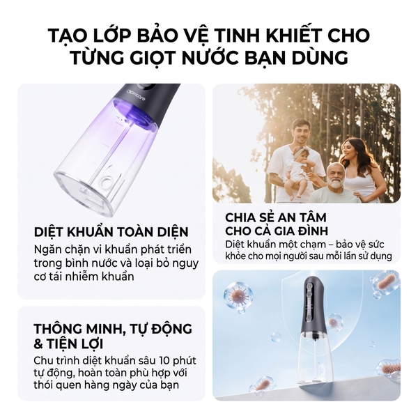 Tăm nước di động 9pmcare Ultra Clean UV (Pin 40 ngày, 4 chế độ + khử khuẩn bằng tia UV, 5 mức tùy chỉnh lực nước)