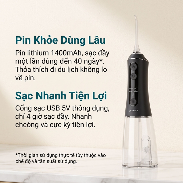 Tăm nước di động 9pmcare Ultra Clean UV (Pin 40 ngày, 4 chế độ + khử khuẩn bằng tia UV, 5 mức tùy chỉnh lực nước)