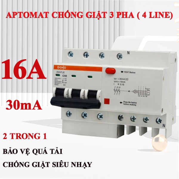 Cầu dao chống giật 3 PHA 16A (Aptomat chống dòng rò) DoBo 4.5kA 30mA DZ47LE-88163P