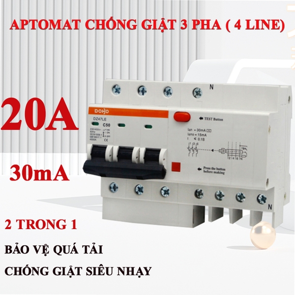 Cầu dao chống giật 3 PHA 20A (Aptomat chống dòng rò) DoBo 4.5kA 30mA DZ47LE-88203P