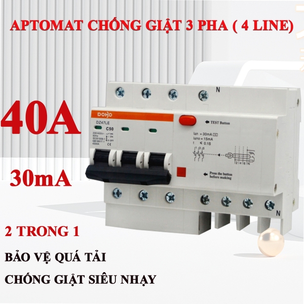 Cầu dao chống giật 3 PHA 40A (Aptomat chống dòng rò) DoBo 4.5kA 30mA DZ47LE-88403P