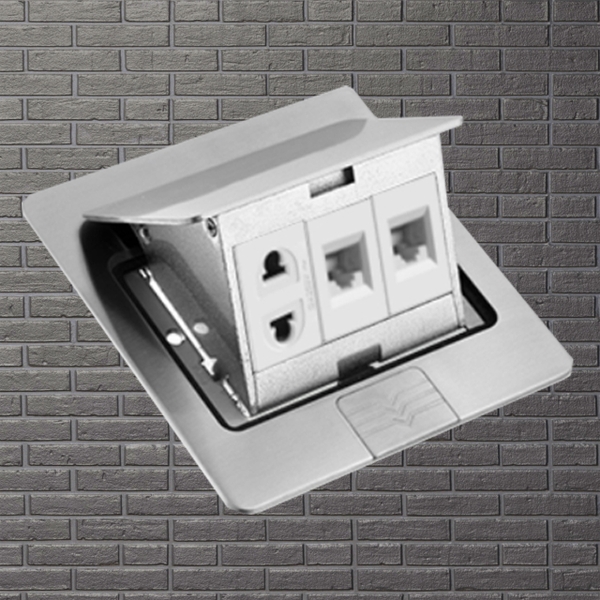 Bộ ổ cắm âm sàn gồm hạt mạng + hạt điện thoại+ ổ cắm 2 chấu DoBo F55-885505S (Inox 304 kháng nước)