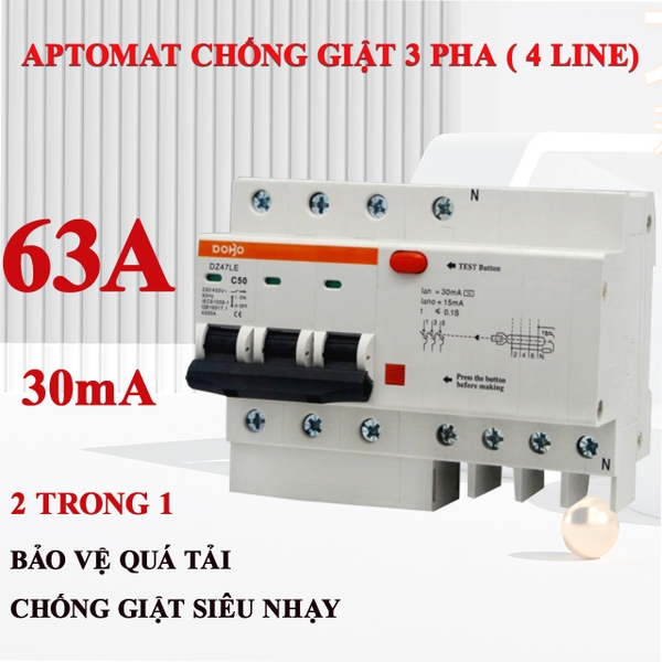 Cầu dao chống giật 3 PHA 63A (Aptomat chống dòng rò) DoBo 4.5kA 30mA DZ47LE-88633P