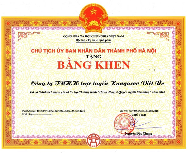 www.KangarooStore.vn nhận Bằng khen "Đã có thành tích tham gia và tài trợ Chương trình "Hành động vì Quyền người tiêu dùng" năm 2016