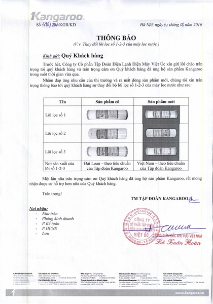 Tập đoàn Kangaroo thay đổi bộ lõi lọc số 1, 2, 3