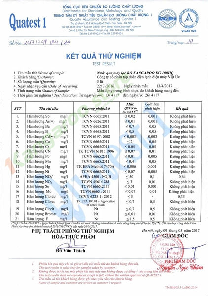 Kết quả thử nghiệm nước qua máy lọc RO Kangaroo KG100HQ