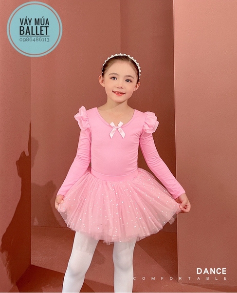 Set áo váy múa tiên nơ lưng sao dài tay (hồng, trắng)
